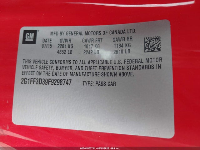 Chevrolet Camaro 2lt 2015 2G1FF3D39F9298747 Image 9