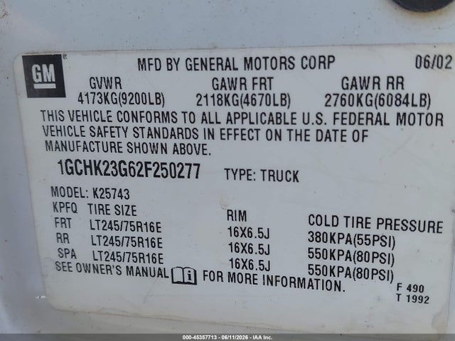 Auction sale of the 2002 Chevrolet Silverado 2500hd Lt, vin: 1GCHK23G62F250277, lot number: 45357713