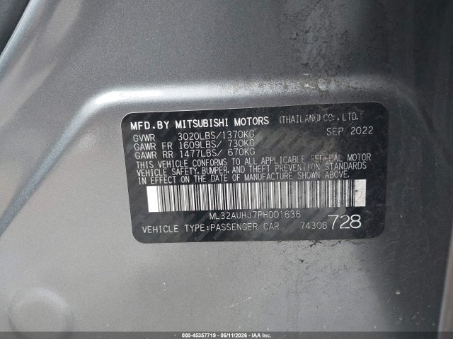 Aukcja sprzedaży 2023 Mitsubishi Mirage Es/le, vin: ML32AUHJ7PH001638, numer aukcji: 45357719