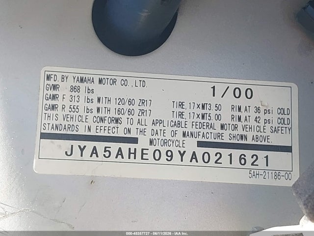 Aukcja sprzedaży 2000 Yamaha Yzf600 R, vin: JYA5AHE09YA021621, numer aukcji: 45357727