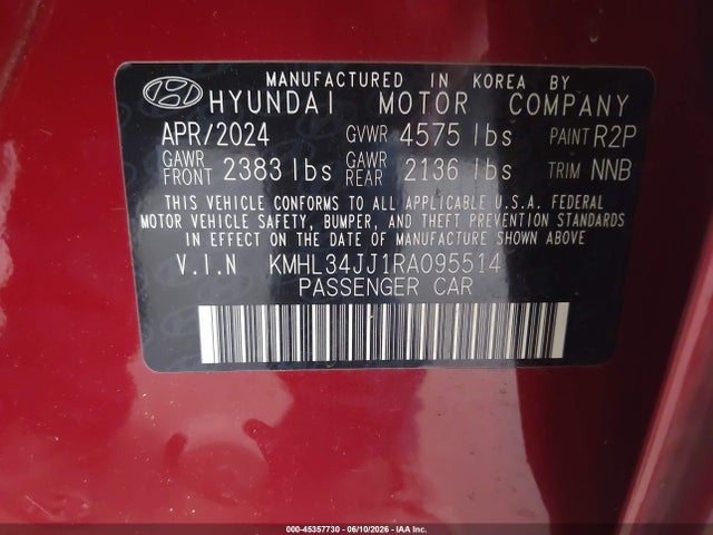2024 Hyundai Sonata Hybrid Sel მანქანა იყიდება აუქციონზე, vin: KMHL34JJ1RA095514, აუქციონის ნომერი: 45357730