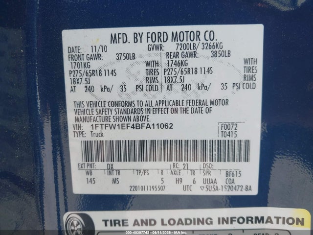 Aukcja sprzedaży 2011 Ford F-150 Xlt, vin: 1FTFW1EF4BFA11062, numer aukcji: 45357743