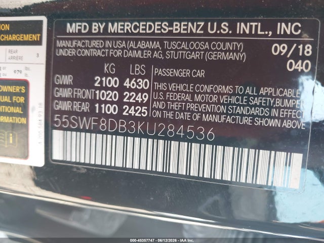 Aukcja sprzedaży 2019 Mercedes-benz C 300, vin: 55SWF8DB3KU284536, numer aukcji: 45357747