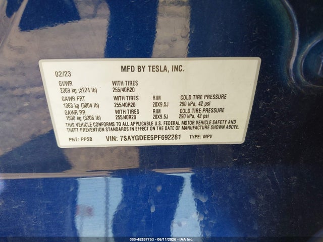 Продаж на аукціоні авто 2023 Tesla Model Y Awd/long Range Dual Motor All-wheel Drive, vin: 7SAYGDEE5PF692281, номер лоту: 45357753