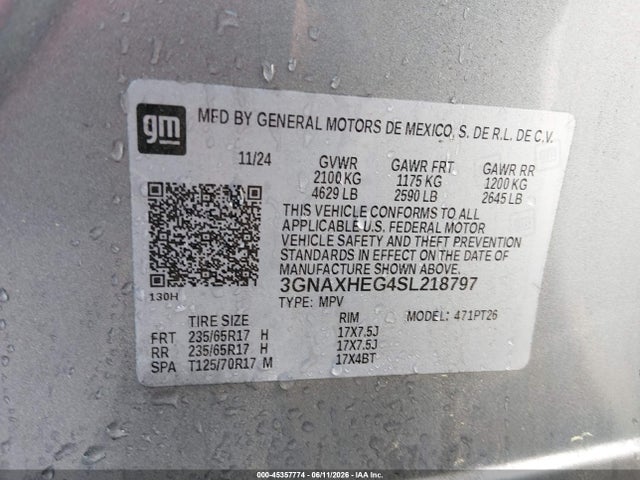 Aukcja sprzedaży 2025 Chevrolet Equinox Fwd Lt, vin: 3GNAXHEG4SL218797, numer aukcji: 45357774