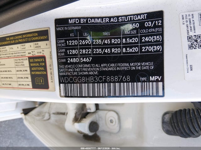 45357777 :رقم المزاد ، WDCGG8HB3CF888768 vin ، 2012 Mercedes-benz Glk 350 4matic مزاد بيع