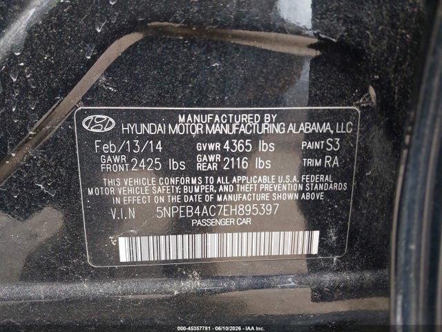2014 Hyundai Sonata Gls მანქანა იყიდება აუქციონზე, vin: 5NPEB4AC7EH895397, აუქციონის ნომერი: 45357781