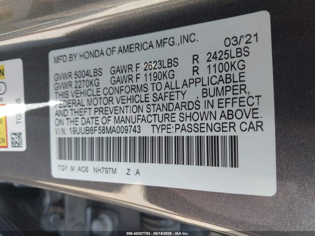 Aukcja sprzedaży 2021 Acura Tlx A-spec Package, vin: 19UUB6F58MA009743, numer aukcji: 45357783