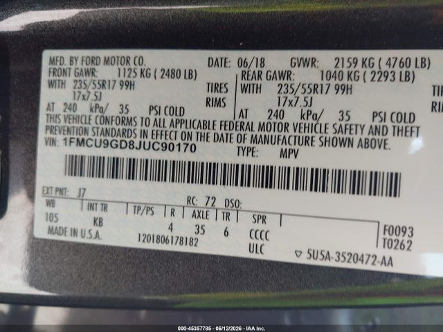 Aukcja sprzedaży 2018 Ford Escape Se, vin: 1FMCU9GD8JUC90170, numer aukcji: 45357785