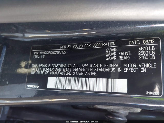 Aukcja sprzedaży 2013 Volvo S60 T5/t5 Platinum/t5 Premier/t5 Premier Plus, vin: YV1612FS4D2186139, numer aukcji: 45357795