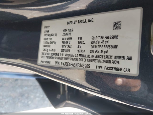 Aukcja sprzedaży 2022 Tesla Model 3 Rear-wheel Drive, vin: 5YJ3E1EA3NF343965, numer aukcji: 45357804