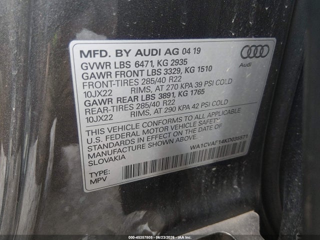 Auction sale of the 2019 Audi Q8 55 Premium, vin: WA1CVAF14KD035571, lot number: 45357805