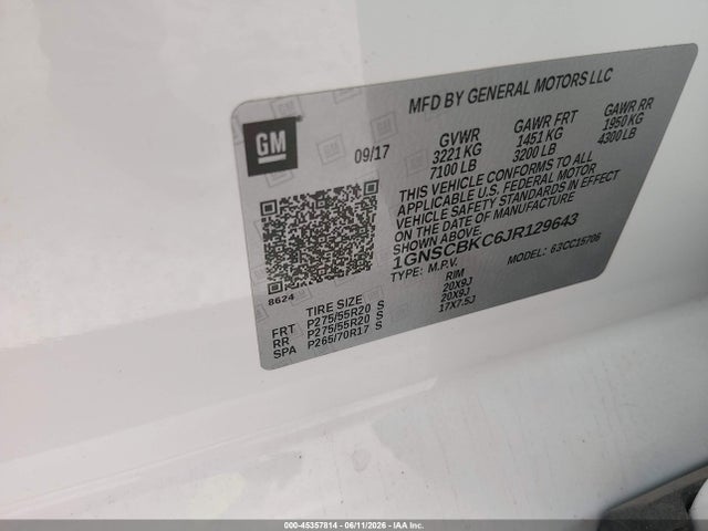 Aukcja sprzedaży 2018 Chevrolet Tahoe Lt, vin: 1GNSCBKC6JR129643, numer aukcji: 45357814