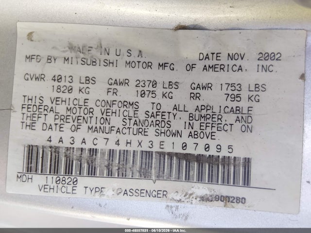 45357821 :رقم المزاد ، 4A3AC74HX3E107095 vin ، 2003 Mitsubishi Eclipse Gts مزاد بيع