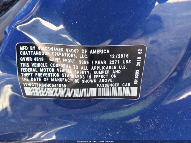 Aukcja sprzedaży 2017 Volkswagen Passat 1.8t Se, vin: 1VWGT7A34HC041939, numer aukcji: 45357828