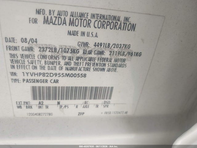 Aukcja sprzedaży 2005 Mazda Mazda6 S Sport, vin: 1YVHP82D955M00558, numer aukcji: 45357830