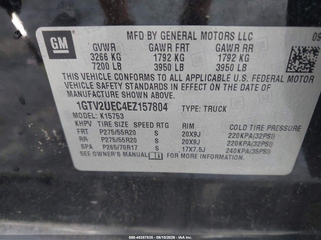 2014 Gmc Sierra 1500 Sle მანქანა იყიდება აუქციონზე, vin: 1GTV2UEC4EZ157804, აუქციონის ნომერი: 45357835