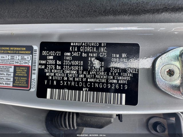 Aukcja sprzedaży 2022 Kia Sorento X-line S, vin: 5XYRLDLC1NG092619, numer aukcji: 45357843