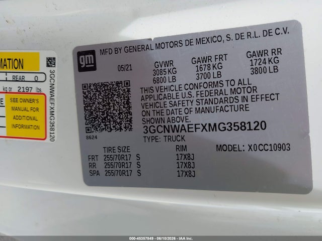 Aukcja sprzedaży 2021 Chevrolet Silverado 1500 2wd  Long Bed Wt, vin: 3GCNWAEFXMG358120, numer aukcji: 45357849