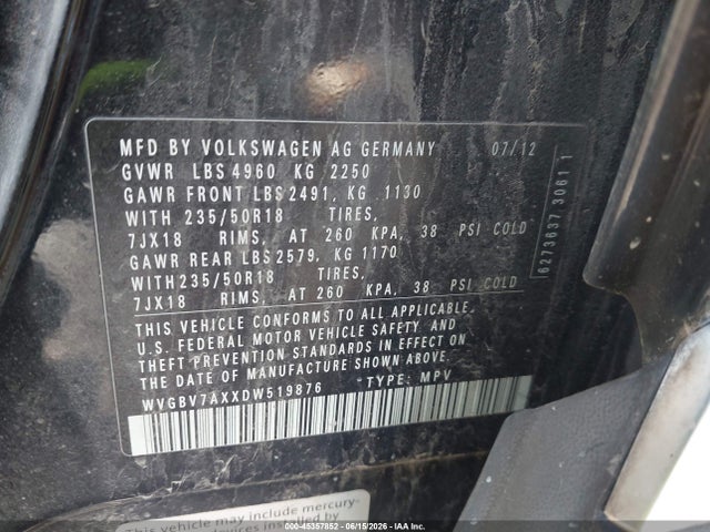 Aukcja sprzedaży 2013 Volkswagen Tiguan Se, vin: WVGBV7AXXDW519876, numer aukcji: 45357852