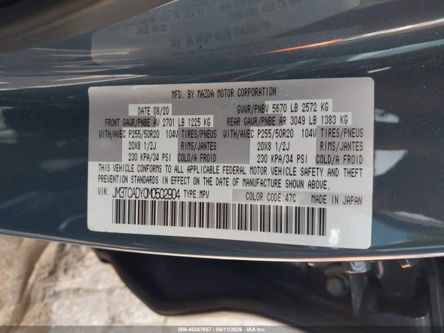 45357857 :رقم المزاد ، JM3TCADY0M0502904 vin ، 2021 Mazda Cx-9 Carbon Edition مزاد بيع