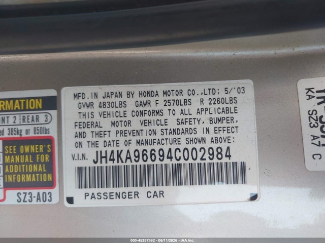 Aukcja sprzedaży 2004 Acura Rl 3.5, vin: JH4KA96694C002984, numer aukcji: 45357862
