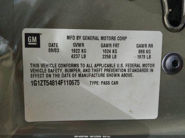 2004 Chevrolet Malibu Ls მანქანა იყიდება აუქციონზე, vin: 1G1ZT54814F110675, აუქციონის ნომერი: 45357864