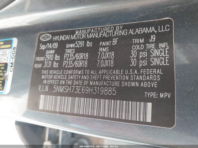 2009 Hyundai Santa Fe Limited მანქანა იყიდება აუქციონზე, vin: 5NMSH73E69H319885, აუქციონის ნომერი: 45357875