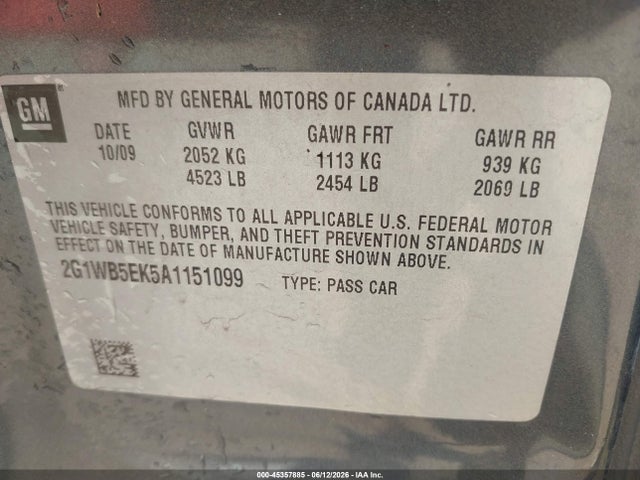 45357885 :رقم المزاد ، 2G1WB5EK5A1151099 vin ، 2010 Chevrolet Impala Lt مزاد بيع