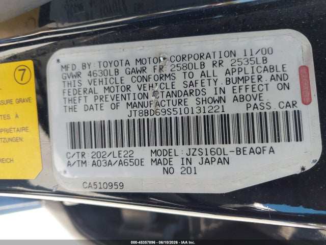 Aukcja sprzedaży 2001 Lexus Gs 300, vin: JT8BD69S510131221, numer aukcji: 45357896