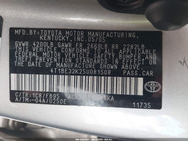 Aukcja sprzedaży 2005 Toyota Camry Le, vin: 4T1BE32K25U081508, numer aukcji: 45357907