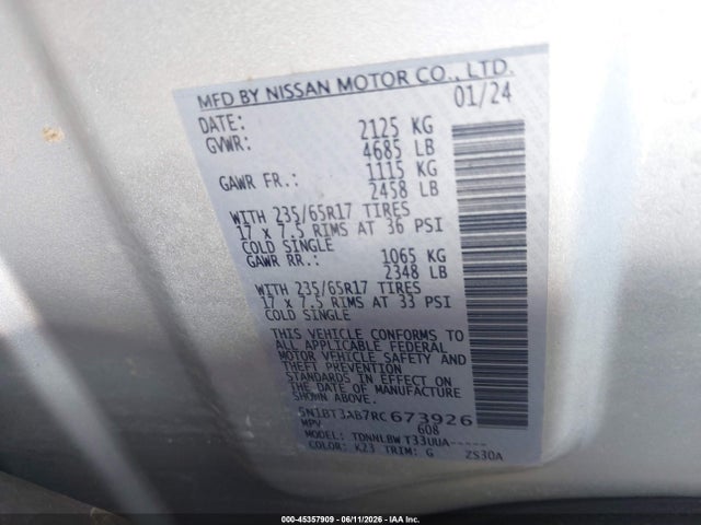 Aukcja sprzedaży 2024 Nissan Rogue S Intelligent Awd, vin: 5N1BT3AB7RC673926, numer aukcji: 45357909