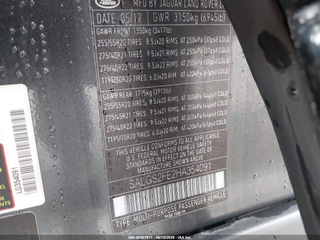 45357911 :رقم المزاد ، SALGS2FE2HA354091 vin ، 2017 Land Rover Range Rover 5.0l V8 Supercharged مزاد بيع