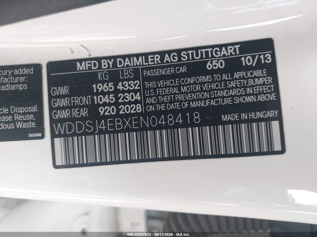 Aukcja sprzedaży 2014 Mercedes-benz Cla 250, vin: WDDSJ4EBXEN048418, numer aukcji: 45357932