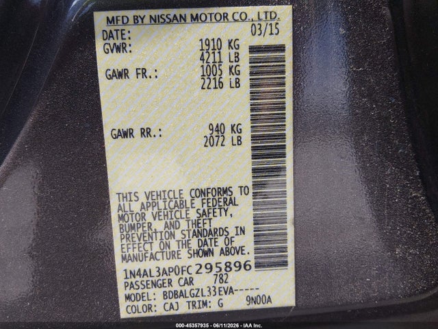Продажа на аукционе авто 2015 Nissan Altima 2.5/2.5 S/2.5 Sl/2.5 Sv, vin: 1N4AL3AP0FC295896, номер лота: 45357935