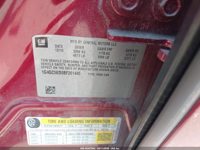 2011 Buick Lacrosse Cxl მანქანა იყიდება აუქციონზე, vin: 1G4GC5ED0BF261445, აუქციონის ნომერი: 45357943