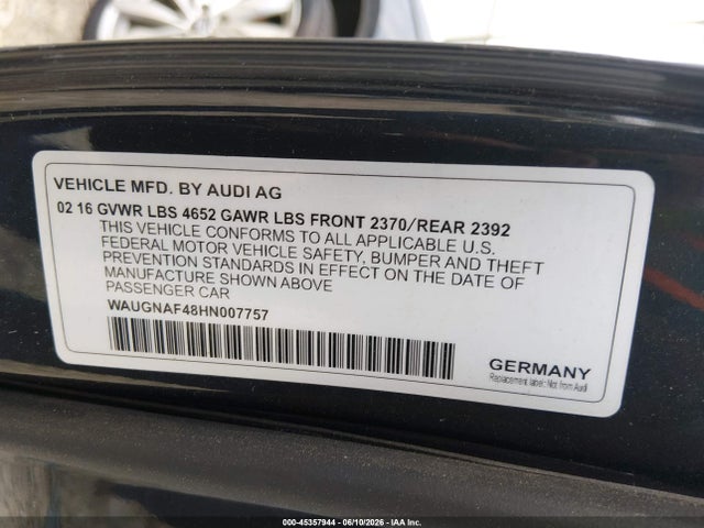 45357944 :رقم المزاد ، WAUGNAF48HN007757 vin ، 2017 Audi A4 2.0t Premium مزاد بيع