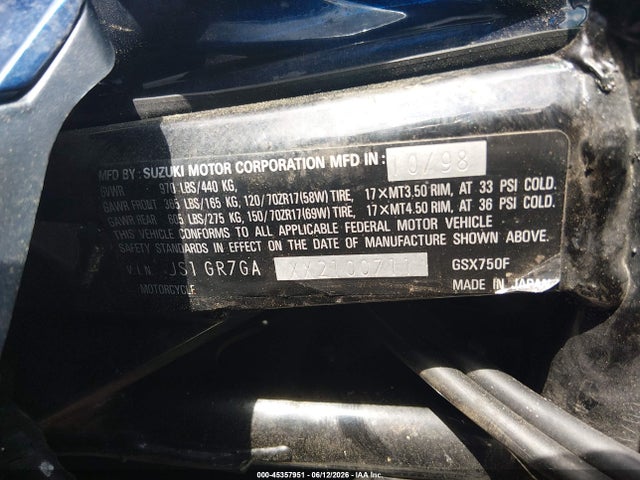 Aukcja sprzedaży 1999 Suzuki Gsx750 F, vin: JS1GR7GAXX2100711, numer aukcji: 45357951