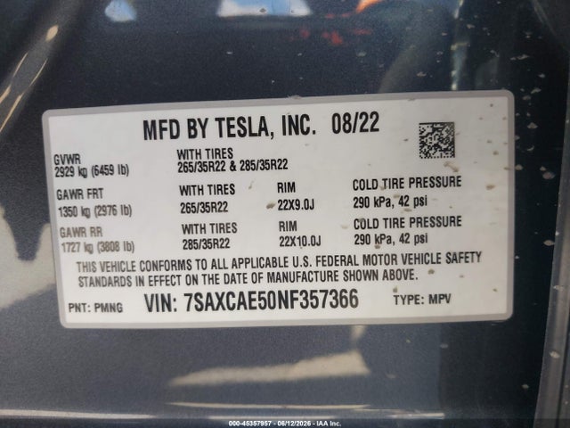 Продажа на аукционе авто 2022 Tesla Model X Dual Motor All-wheel Drive, vin: 7SAXCAE50NF357366, номер лота: 45357957