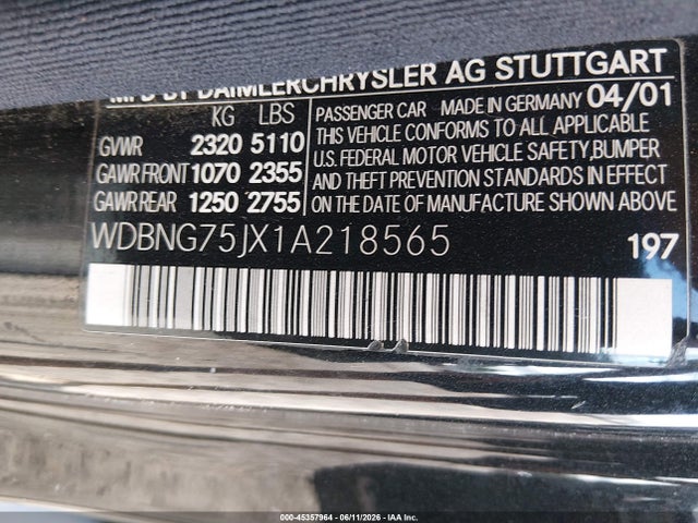 Aukcja sprzedaży 2001 Mercedes-benz S 500, vin: WDBNG75JX1A218565, numer aukcji: 45357964