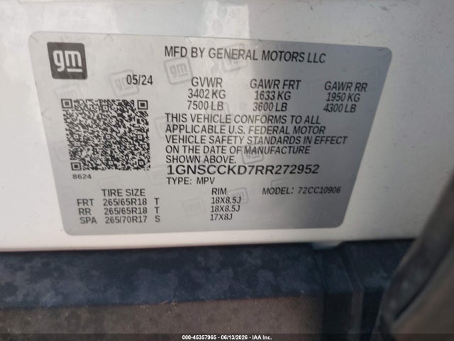 45357965 :رقم المزاد ، 1GNSCCKD7RR272952 vin ، 2024 Chevrolet Suburban 2wd Lt مزاد بيع