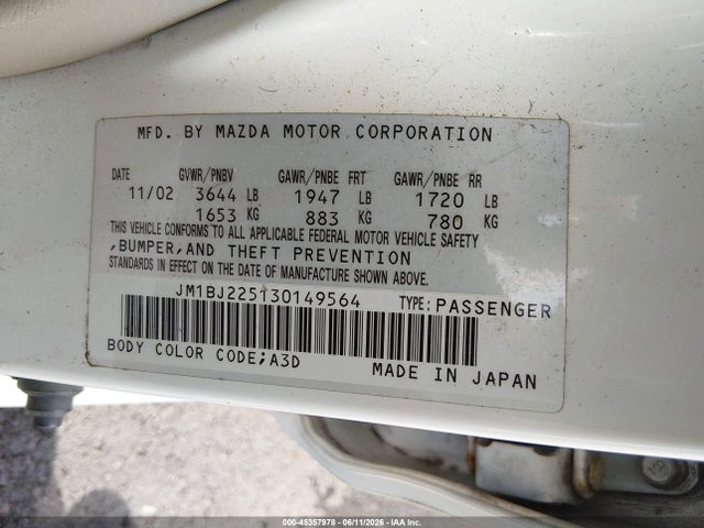 45357978 :رقم المزاد ، JM1BJ225130149564 vin ، 2003 Mazda Protege Dx/es/lx مزاد بيع