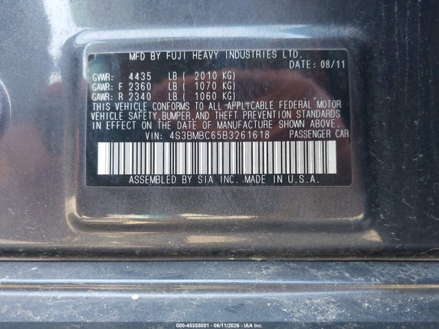 Продаж на аукціоні авто 2011 Subaru Legacy 2.5i Premium, vin: 4S3BMBC65B3261618, номер лоту: 45358001