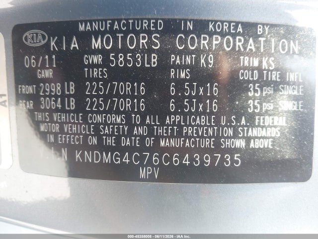 Aukcja sprzedaży 2012 Kia Sedona Lx, vin: KNDMG4C76C6439735, numer aukcji: 45358008