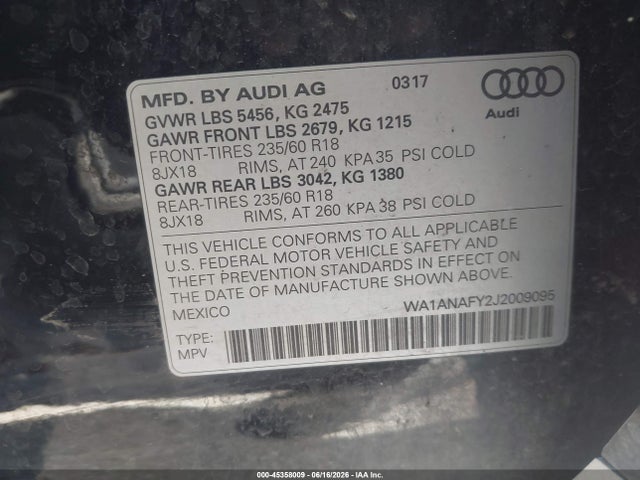 2018 Audi Q5 2.0t Premium მანქანა იყიდება აუქციონზე, vin: WA1ANAFY2J2009095, აუქციონის ნომერი: 45358009