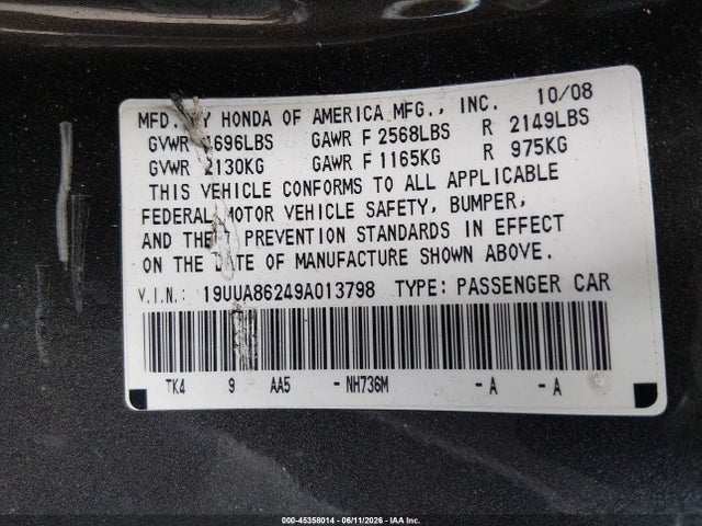 45358014 :رقم المزاد ، 19UUA86249A013798 vin ، 2009 Acura Tl 3.5 مزاد بيع