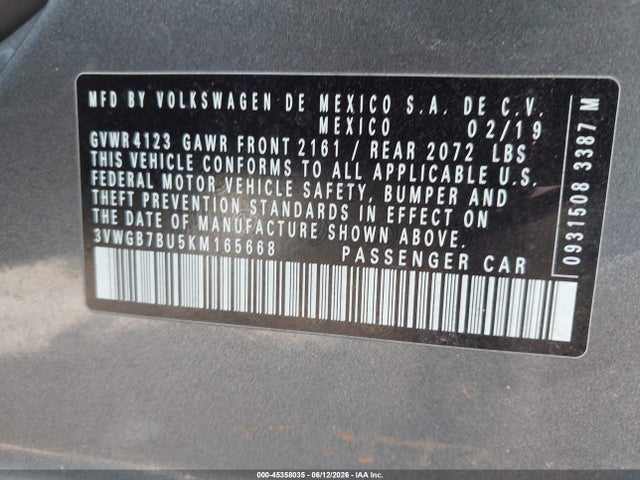 2019 Volkswagen Jetta 1.4t Sel Premium მანქანა იყიდება აუქციონზე, vin: 3VWGB7BU5KM165668, აუქციონის ნომერი: 45358035