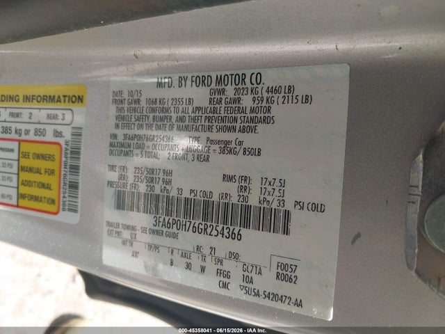 Ford FUSION SE 2016 3FA6P0H76GR254366 Image 9
