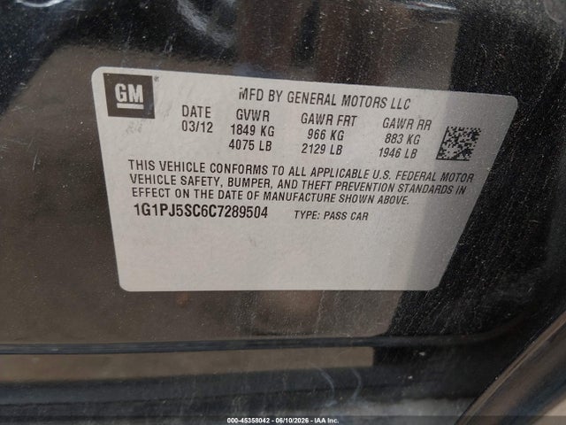 Продаж на аукціоні авто 2012 Chevrolet Cruze Eco, vin: 1G1PJ5SC6C7289504, номер лоту: 45358042