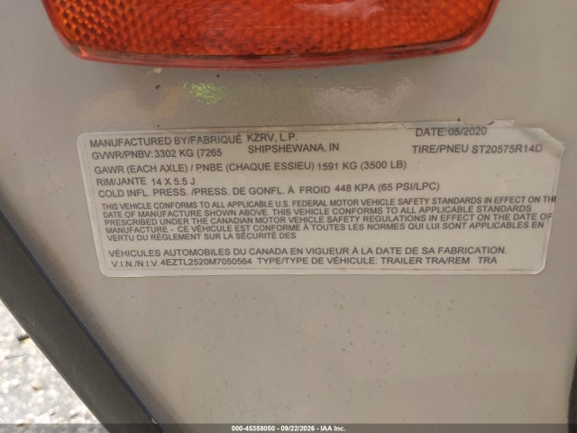 Aukcja sprzedaży 2021 K-z Inc Travel Trailer, vin: 4EZTL2520M7050564, numer aukcji: 45358050